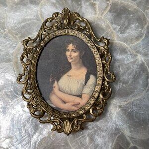 Vintage Filigree Oval Brass Metal Miniature Photo Frame Victorian Style Italy